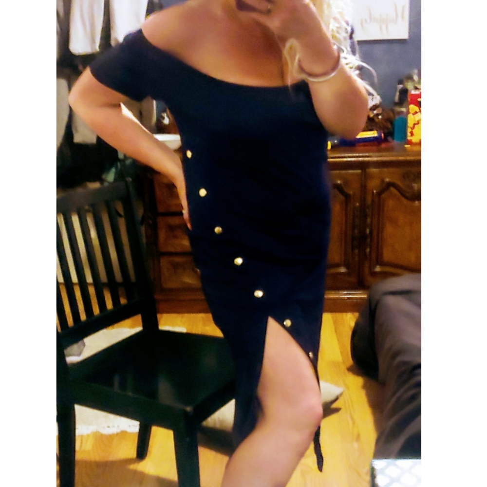 ❥HOST PICK❥ F21 Navy Side Button Midi Dress Sz L❥ - Picture 3 of 6